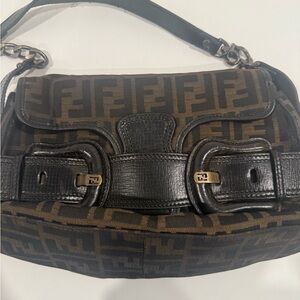 Fendi Brown and Black Zucca Canvas Shoulder Bag with Buckle Detail